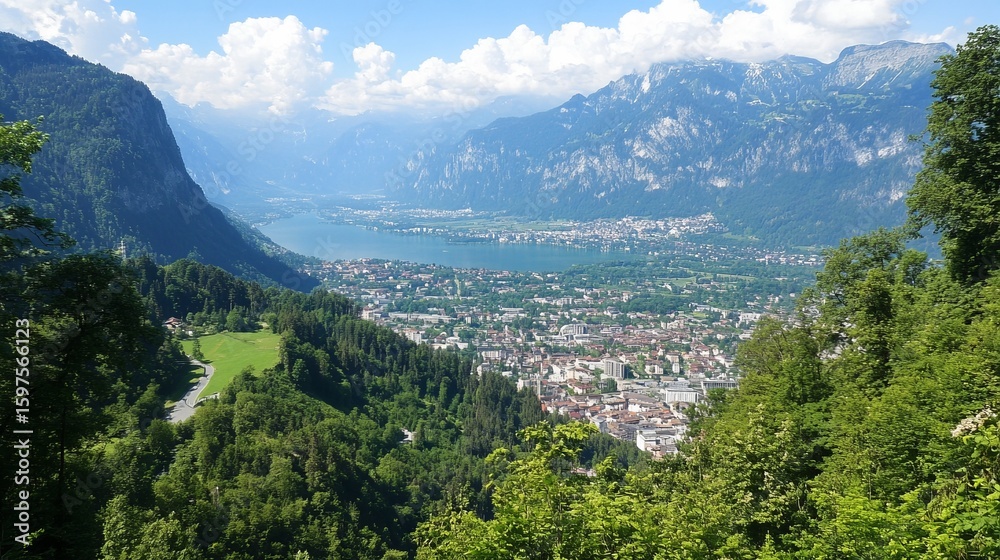 Fototapeta premium Panoramic view of a valley town nestled between mountains and a lake, with lush green forests and rolling hills