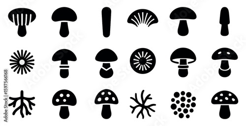 Mushroom silhouette icons set – solid, filled, fungi and nature symbols