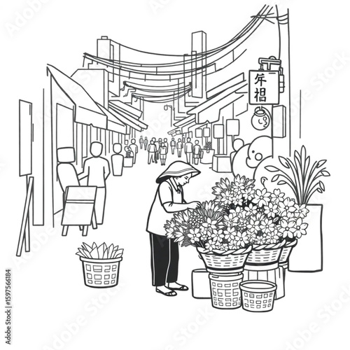 A flower seller setting up baskets on a bustling street