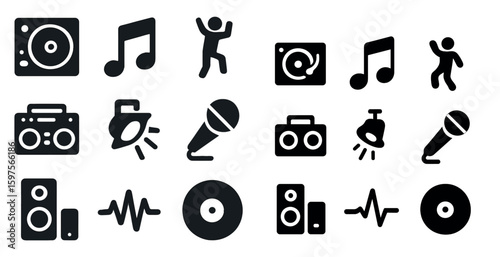 Music and dance solid icons set – flat, filled, audio and sound symbols