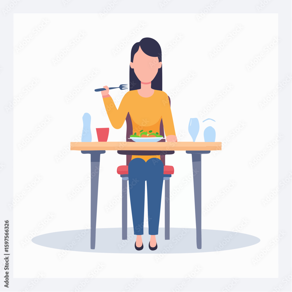 Fototapeta premium Flat vector illustration of a person sitting at a dining table eating food with fork and spoon, modern restaurant setting, clean minimal style