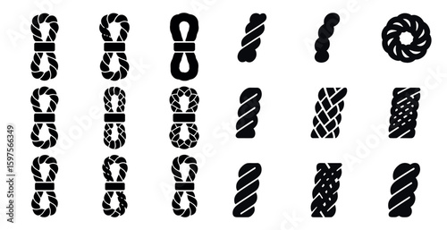 Rope and knot silhouette icons set – solid, filled, nautical and climbing symbols