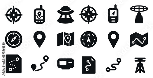 Navigation and travel icons set – solid, gps, location and map symbols