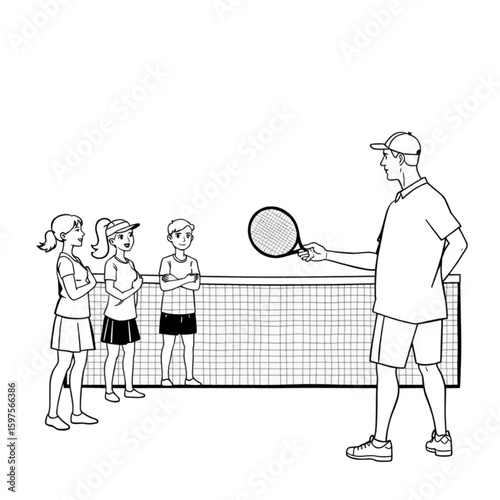 A tennis instructor demonstrating serves to a small group
