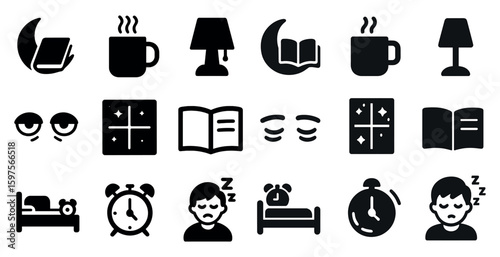Sleep and relaxation silhouette icons set – bedtime, night, rest symbols