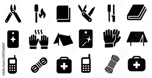 Camping and survival solid icons set – essential, filled, outdoor and adventure symbols