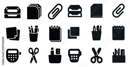 Office supplies solid icons set – stationery, silhouette, business tools collection