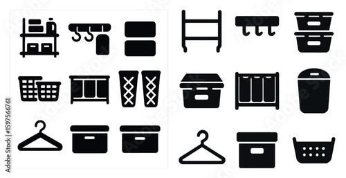 Home organization solid icons set – filled, storage, and decluttering symbols