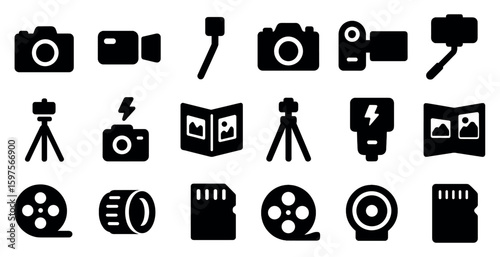 Photography and videography silhouette icons set – camera, film, digital symbols