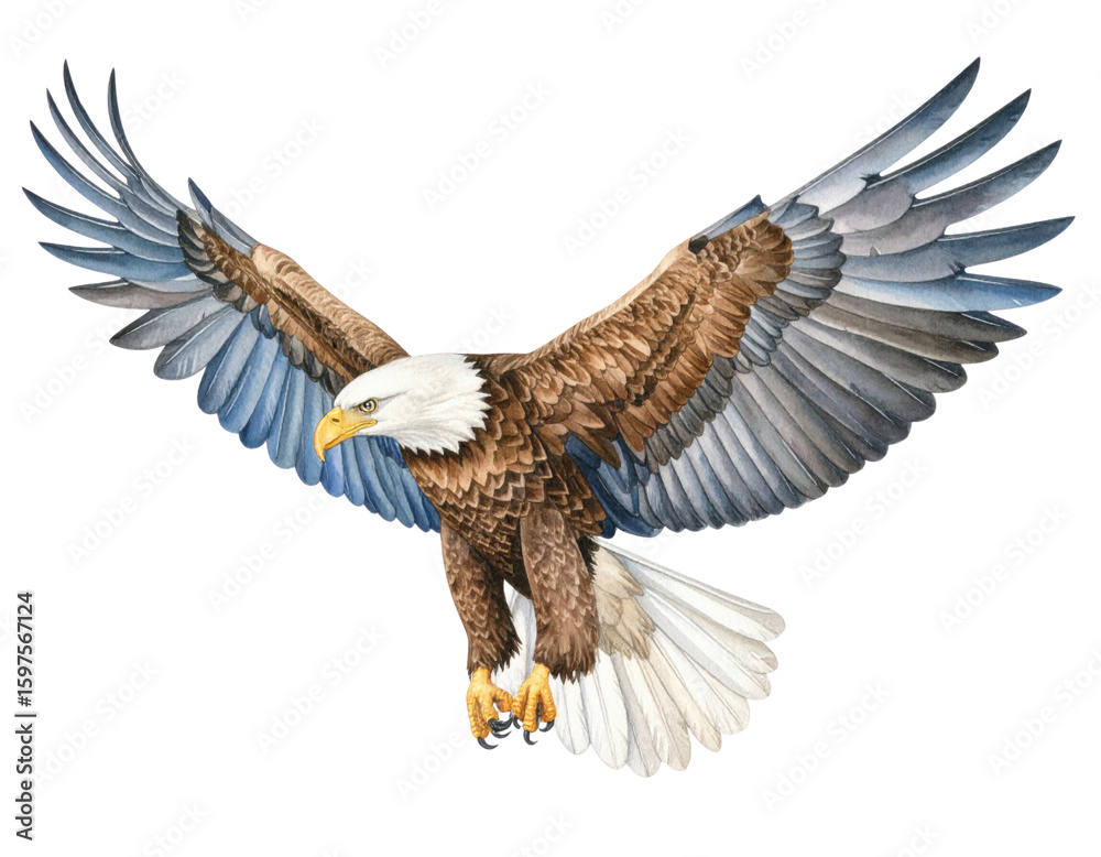 Obraz premium Majestic bald eagle soaring with outstretched wings in detailed watercolor illustration
