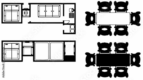 Top view of two apartment layouts and two dining tables with chairs in black and white style drawing silhouette