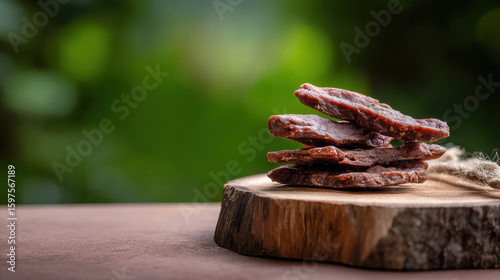 Delicious canine nutrition concept features stacked meat snacks on wooden board, perfect for rewarding your furry friend