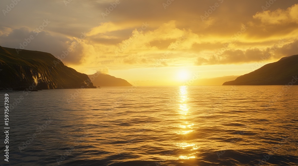 Fototapeta premium Golden sunset over a tranquil fjord