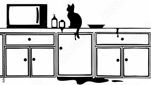 Silhouette of a cat sitting on a kitchen counter with cabinets a microwave and various containers present