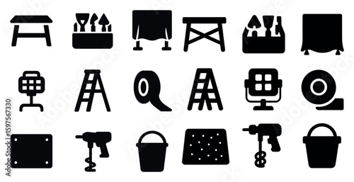 Construction tools solid icons set – outline, filled, diy and building symbols