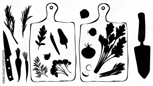 Black and white illustration of two cutting boards with vegetables and herbs and a knife and spatula silhouette
