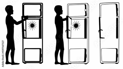 Silhouetted figures interacting with tall cabinets featuring sunburst designs and multiple compartments