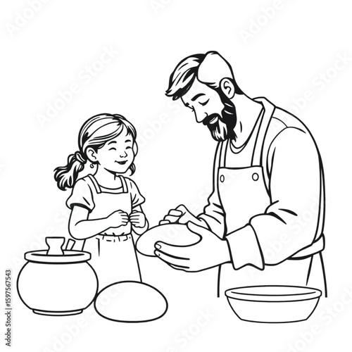 A father baking bread with his daughter before sunrise