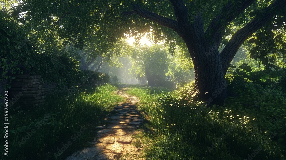 Obraz premium Sunlit path through lush forest, ancient stone