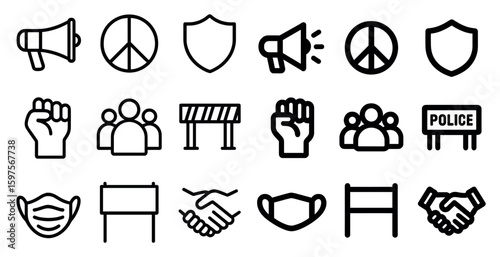 Protest and peace linear icons set – solid, outline, advocacy and unity symbols