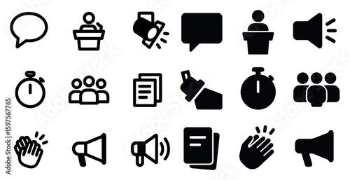 Communication and social silhouette icons set – flat, solid, chat and media symbols