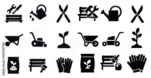 Gardening tools solid icons set – filled, silhouette, planting and landscaping symbols