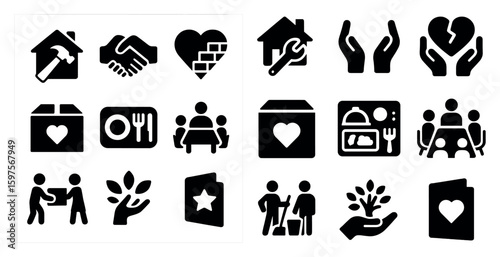 Community support solid icons set – filled, charity, volunteer symbols