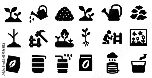 Gardening and plant care solid icons set – flat, filled, nature and horticulture symbols