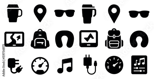Travel and tourism icons set – solid, silhouette, vacation and trip planning graphics