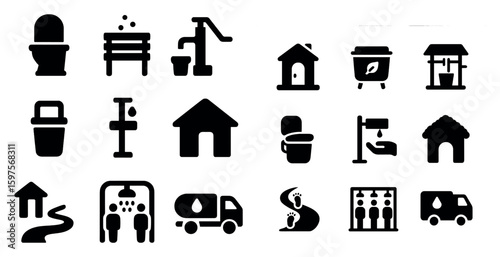 Rural water supply icons set – silhouette, solid, community and infrastructure symbols