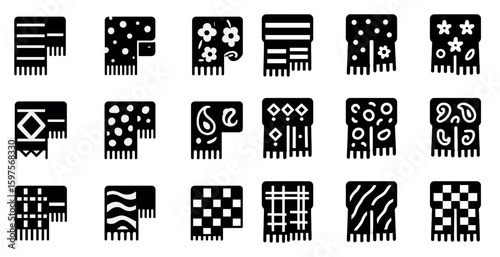 Patterned fabric silhouette icons set – textile, scarf, woven symbols