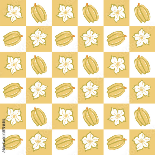 Plaid inspired seamless pattern with star fruits 