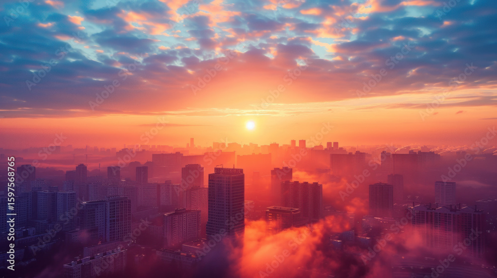 Fototapeta premium Skyline at sunset: A vibrant display of nature's artistry over a modern cityscape, buildings kissed by light