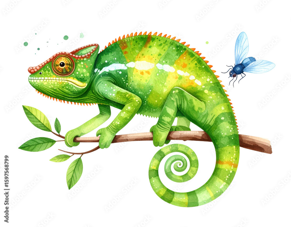 Fototapeta premium Watercolor chameleon on tree branch with curled tail hunting flying insect on transparent background
