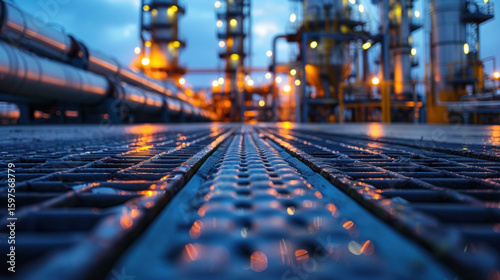 Industrial Platform: View of an industrial platform overlooking illuminated processing plant at dusk.