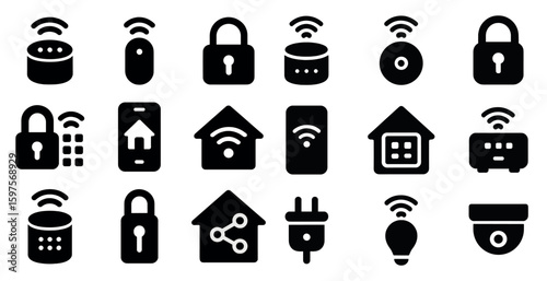Smart home security icons set – solid, filled, automation and connectivity symbols