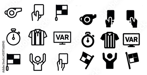 Referee tools icons set – silhouette, sports, whistle and flag symbols