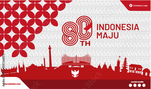 Happy 80th years Indonesia Independence Day red white batik background template with 80 logo, Indonesian landmarks on beautiful Kawung batik background. Best for Dirgahayu Indonesia 17th August 2025