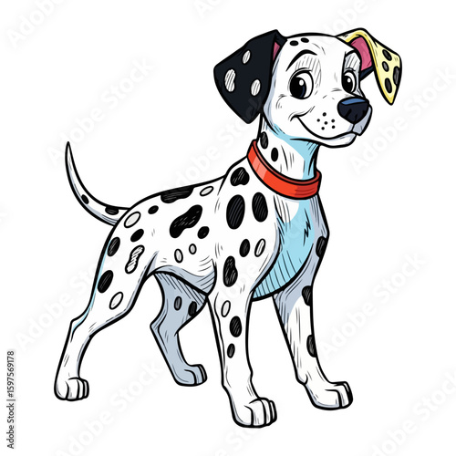 Dalmatian cartoon art, colored cartoon with line art and white background. AI generated image.