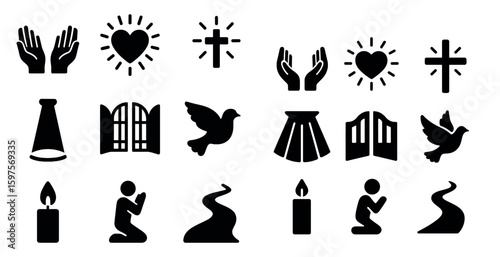 Spiritual and religious silhouette icons set – solid, faith, worship symbols