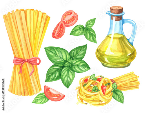 Watercolor illustration set of Italian pasta ingredients including spaghetti, basil, tomatoes and olive oil on transparent background