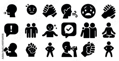 Communication and emotion solid icons set – filled, social interaction symbols