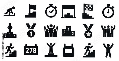 Sports and competition solid icons set – silhouette, filled, athletic achievement symbols