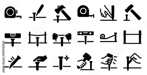 Construction tools solid icons set – filled, building, handiwork graphics