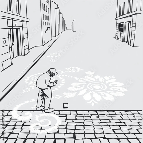 A muralist chalking designs on the city’s cobblestones