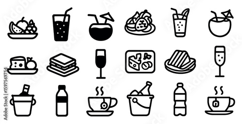 Food and drink outline icons set – silhouette, line, beverage and meal symbols