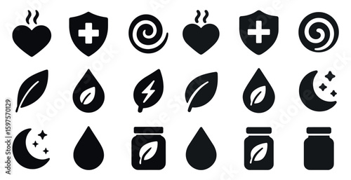 Wellness and health solid icons set – filled, fitness, holistic care symbols