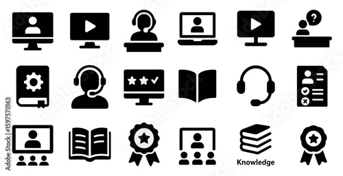 Customer support solid icons set – service, communication, tech elements