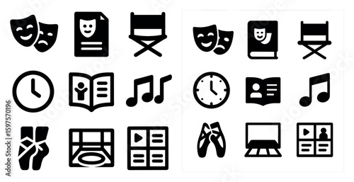 Performing arts icons set – solid, filled, theater and music symbols