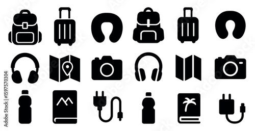 Travel and tourism icons set – silhouette, solid, vacation planning symbols
